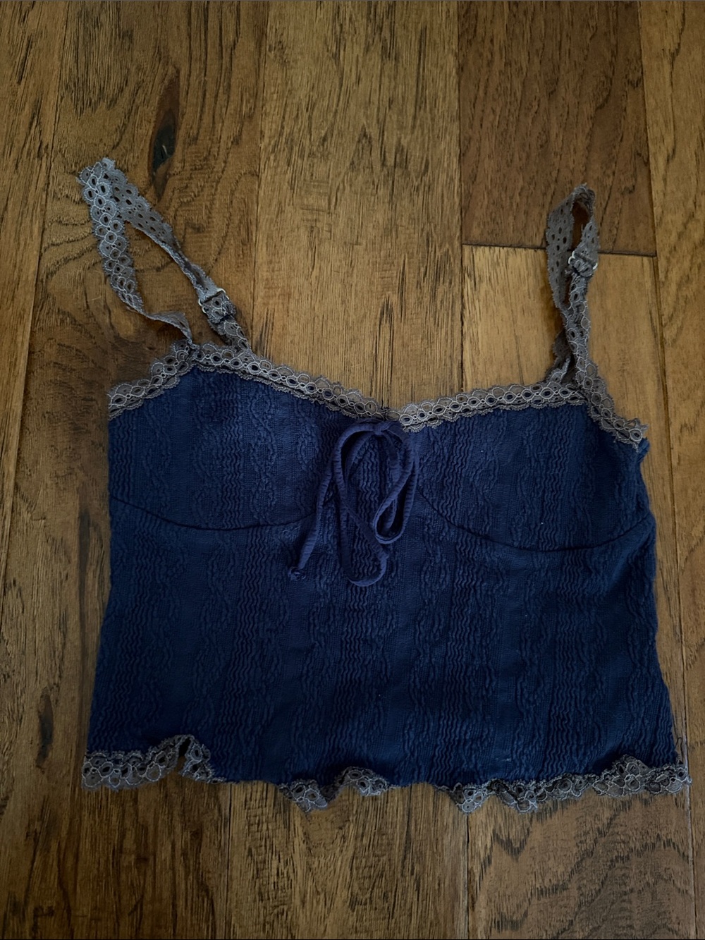 Edikted Navy Blue Lace Trim Cami Crop Top